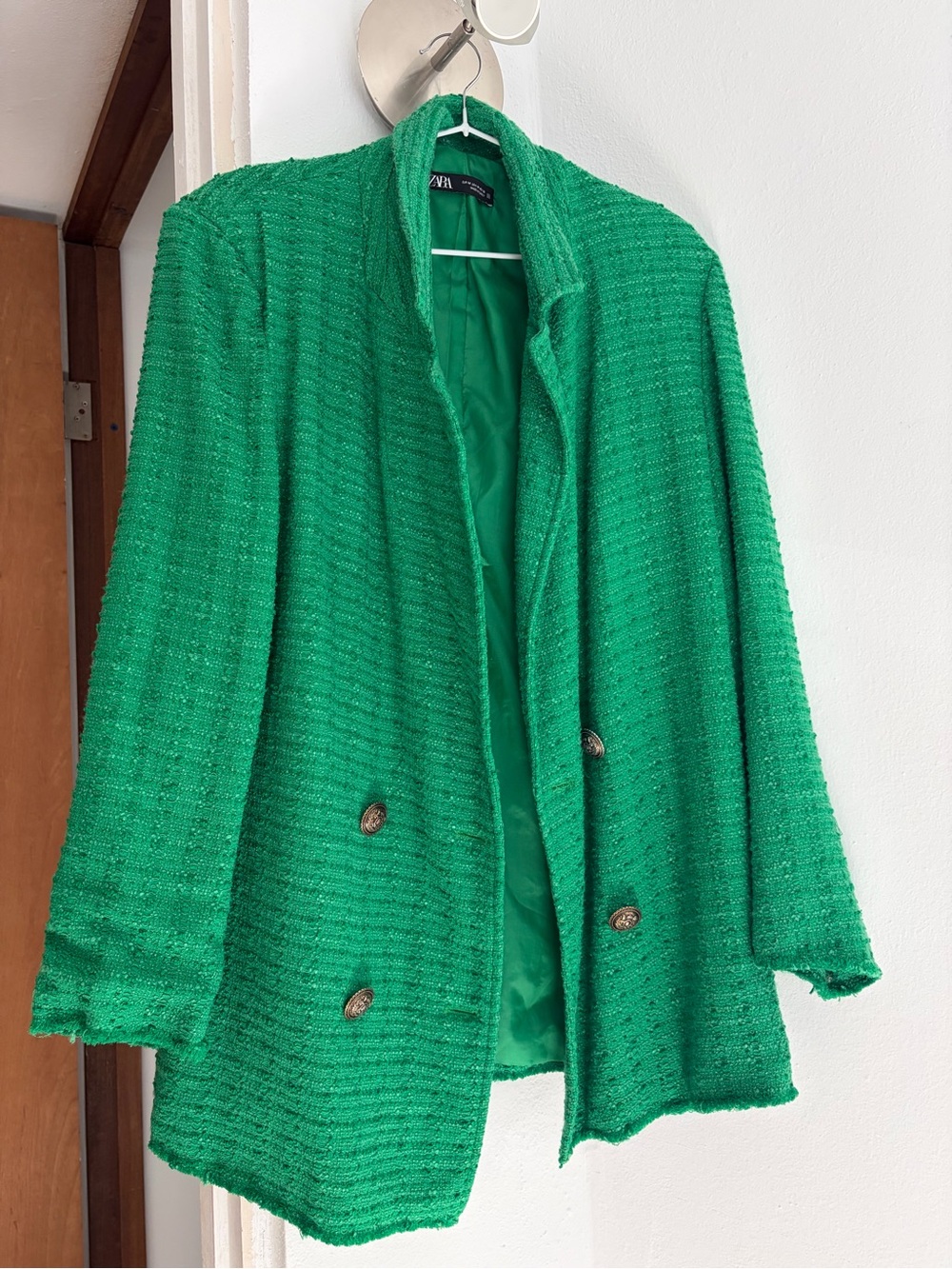 Zara Emerald Green Tweed Double-Breasted Blazer